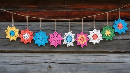 Crochet stars garland hanging on rustic wooden wall