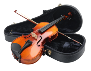 Violin with bow resting in open hard case with black velvet interior isolated on transparent background