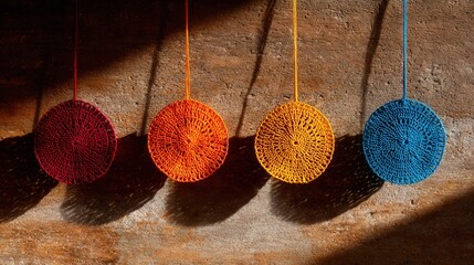 Colorful crochet mandalas casting shadows on rustic background