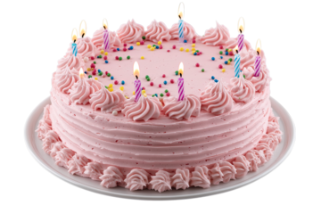 Delicious pink frosted birthday cake with lit candles and sprinkles isolated on transparent background