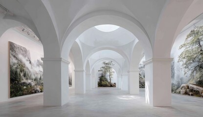 Fototapeta premium An expansive, well-lit hall showcases nature photography with large arches and high ceilings, inviting exploration