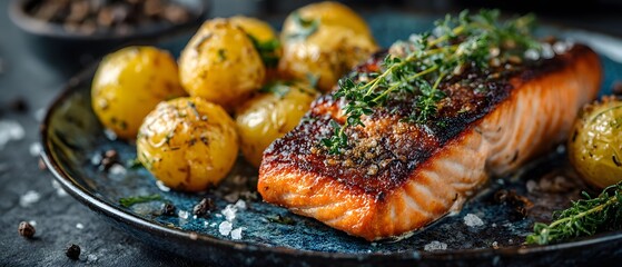 Obraz premium Pan-seared salmon fillet with crispy skin and thyme garnish served with roasted baby potatoes on a blue plate against a dark stone setting.
