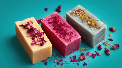 Handcrafted natural soaps with floral petals arrangement