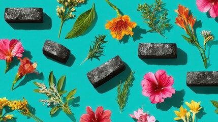 Colorful flowers charcoal pieces on turquoise background