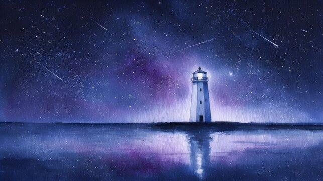 Starry Coastal Lighthouse Watercolor Illustration Serene Nightscape Atmospheric Art Print - Powered by Adobe