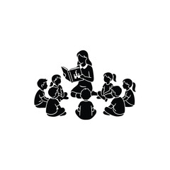 Silhouette Preschool Storytime with Teacher and Children. Teacher Reading to Circle of Kids. Early Childhood Storytelling Scene.