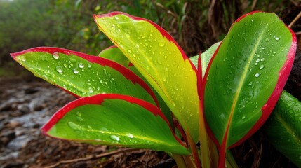 Tropical plant with vibrant red-edged leaves in natural setting