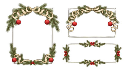 Stunning collection of vintage Christmas frames decorated with elegant pine boughs ribbons and vibrant red ornaments
