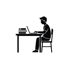 Silhouette Student Studying Silhouette at Library Desk. Library Study Session with Books and Laptop. Academic Learning with Digital and Print Materials.