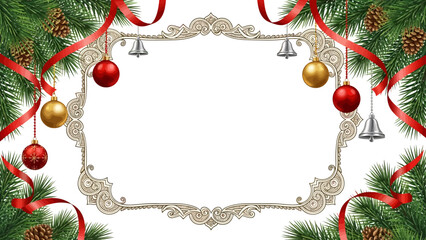 Elegant holiday frame design with festive pine branches ornaments and curling red ribbons perfect for winter greetings