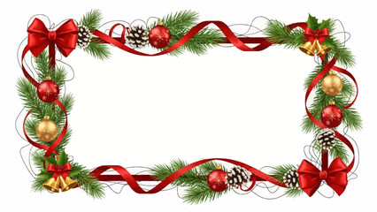 Stunning festive border framing space with vibrant red ribbons pine branches ornaments and gold bells