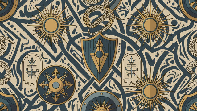 Esoteric seamless pattern with sun, shield, snake, and ancient symbols in blue and gold tones