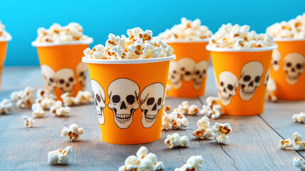 Popcorn with small human skulls - Halloween food, dangerous product, unhealthy eating