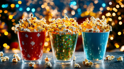 Three cups with popcorn on background with blurred festive lights