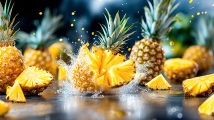Bursting pineapples with pieces and juice flying around