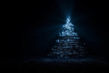 abstract christmas tree, Modern digital Christmas tree made of binary bits and bytes glowing in blue on dark background