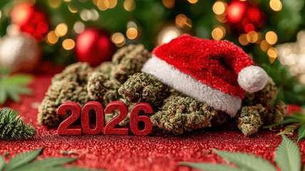 Pile of marijuana with Santa Claus hat atop. Happy New Year 2026 to stoners worldwide!