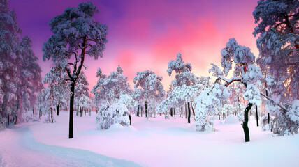 Winter landscape, sunset or sunrise