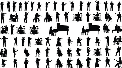 Large collection of musician silhouettes playing instruments, orchestra band performers, music ensemble figures, jazz, classical, drummer, pianist, violinist artwork
