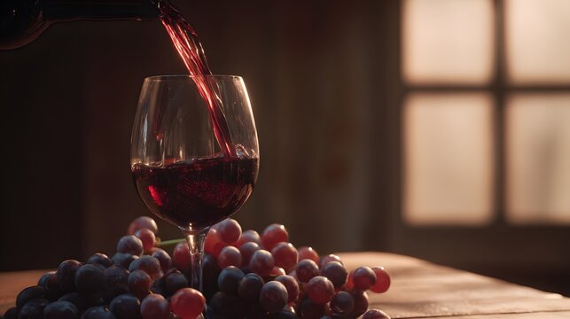 Rich red wine pours into a glass grapes scattered on wood warm inviting lifestyle imagery
