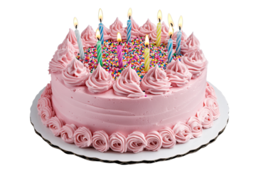 Festive pink birthday cake with colorful candles and sprinkles isolated on transparent background