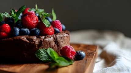 Delicious chocolate cake adorned with fresh berries a sweet treat bathed in soft natural light invitingly styled
