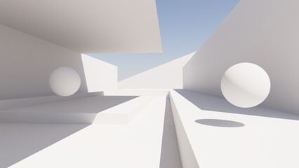 3d render of abstract modern geometry architecture with pool, spheres and  water, Minimal white...