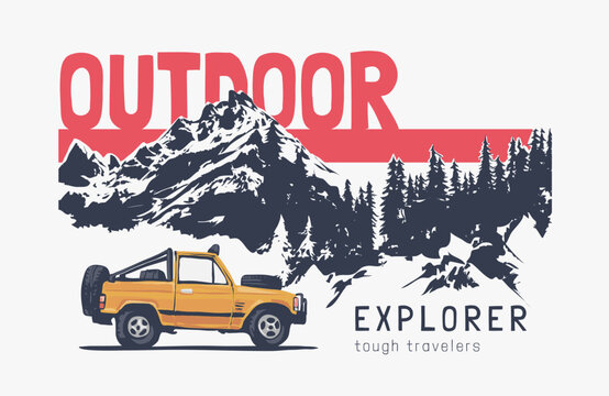 outdoor slogan with 4x4 car on mountain pille forest background vector illustration