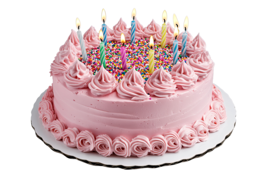 Festive pink birthday cake with colorful candles and sprinkles isolated on transparent background - Powered by Adobe