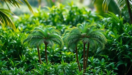 Tiny coconut palm trees in a tropical setting, lush green foliage,   nursery,   small tree