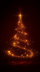 Glowing gold Christmas tree animation with particles, lights, stars, and snowflakes on a dark red.