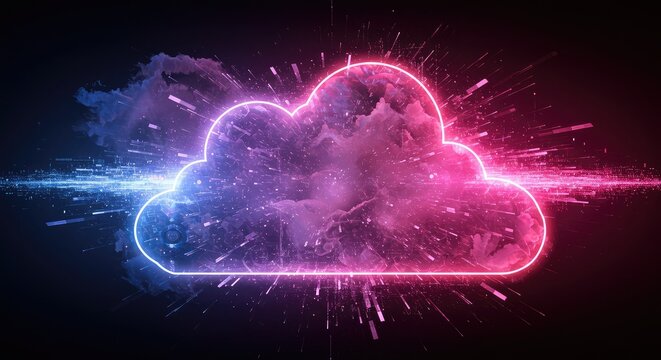 Dynamic cloud computing with vibrant neon glow creates a futuristic data network, perfect for technology solutions, innovation, and modern business strategies - Powered by Adobe