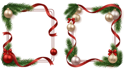 Stunning festive holiday frames with elegant red ribbon and gold silver ornaments perfect for Christmas announcements