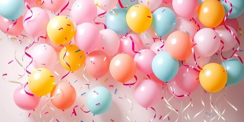 Pastel colored balloons, confetti, and ribbons floating against a bright background,  festive,  card