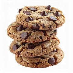 A delicious stack of four homemade chocolate chip cookies isolated on a white background.