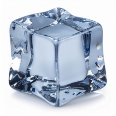 A single clear ice cube with a blue tint isolated on a white background.