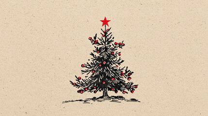 Vintage Linocut Christmas Tree Card with Red Star and Berries on Beige Holiday Background Design