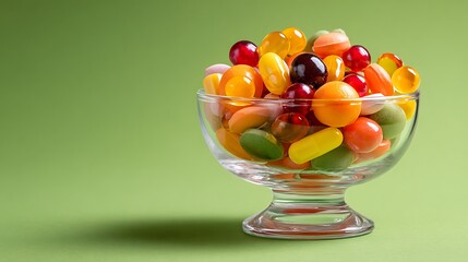 Close-Up of Colorful Candies in Glass Bowl on Green Background