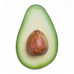 Fresh ripe green avocado half with a large seed isolated on a clean white background.