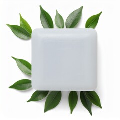 Natural organic soap bar with fresh green leaves on a white background.