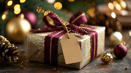 Festive Gold Gift Box with Holiday Decorations Close-Up