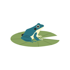 Blue Frog Resting on a Green Lily Pad in a Pond.
