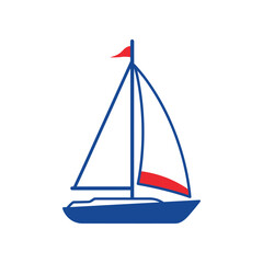Blue Sailboat with Red Accents on White Background.