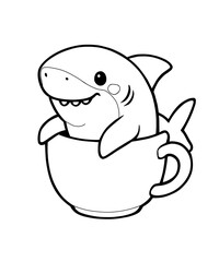 Cute baby shark sitting in a cup outline cartoon illustration