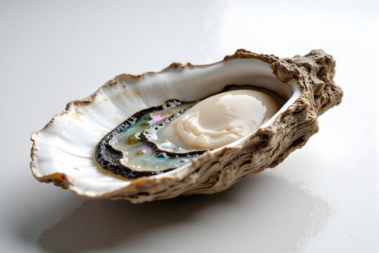 A fresh oyster rests in its rough, open shell on a clean white surface.