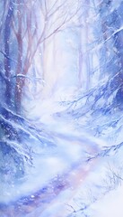 Dreamy watercolor winter forest scene showcasing a snowy path and tranquil ambient light
