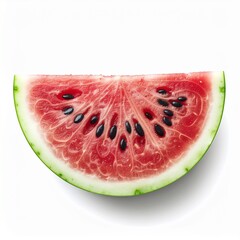 Fresh juicy red watermelon slice with black seeds isolated on a clean white background.
