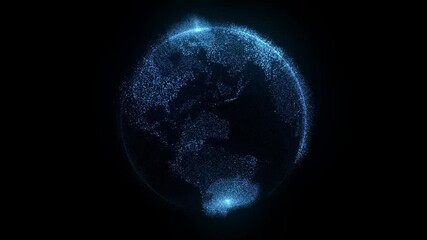Abstract hologram of planet Earth made of blue glowing particles. Futuristic digital global network connection and data visualization loop on black background. - Powered by Adobe