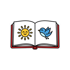 Childrens Book Open Showing Happy Sun and Flying Bird Illustration.