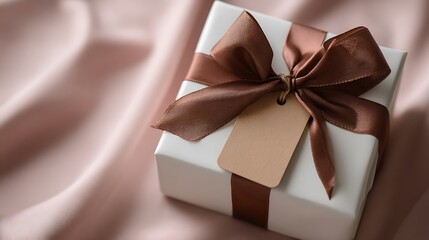 Elegant Gift Box with Satin Ribbon on Pink Fabric
